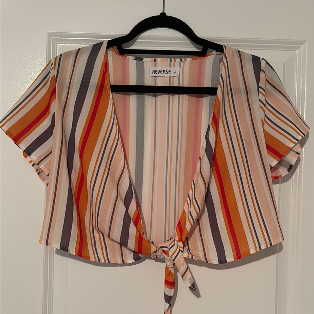 Reverse Orange Tan Tie Front Crop Blouse